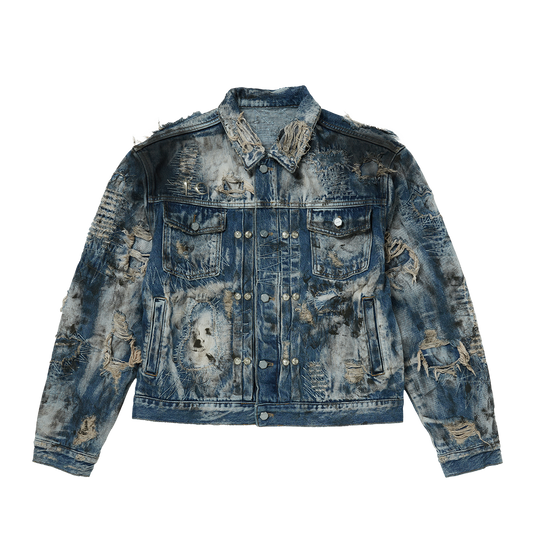 Hard-Washed Damaged Denim Jacket