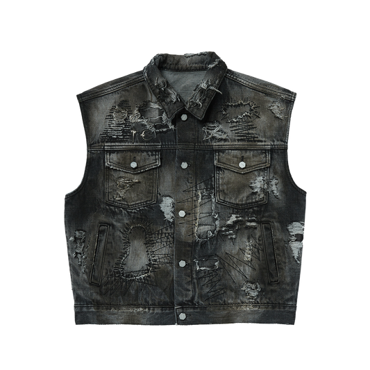 Hard-Washed Damaged Denim Vest