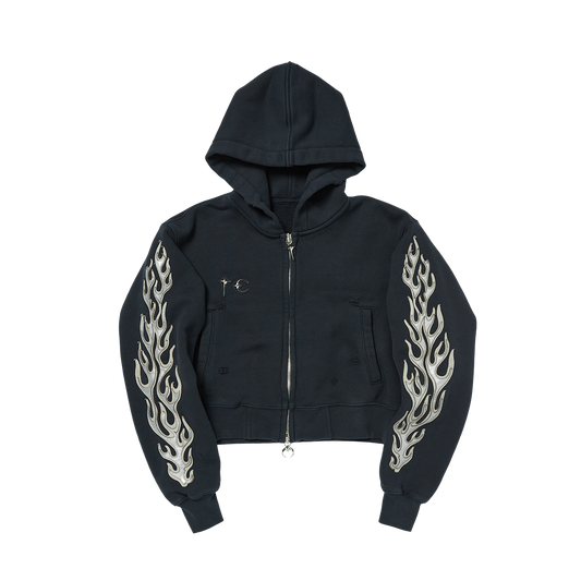 Leather Flame Cropped Hooded Zip-Up