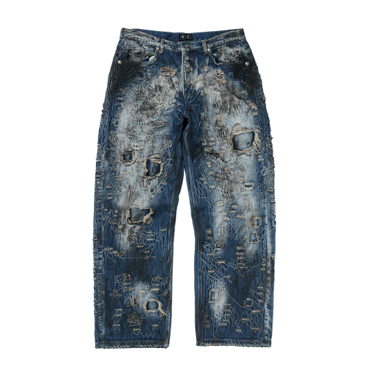 Hard-Washed Damaged Denim Pants