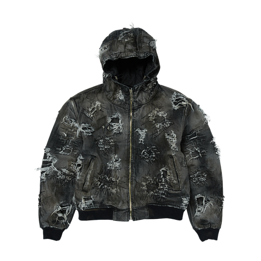 Hard-Washed Damaged Denim Hooded Zip-Up