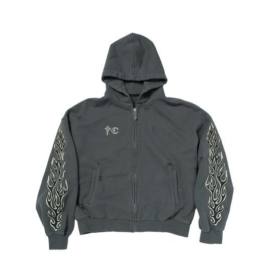 Leather Flame Hooded Zip-Up