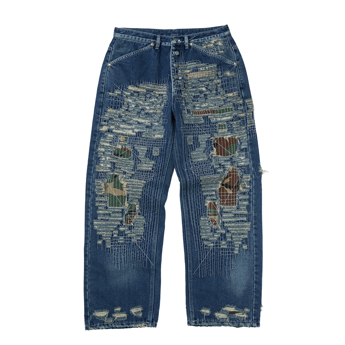 Vintage-Stitched Camo Denim Pants