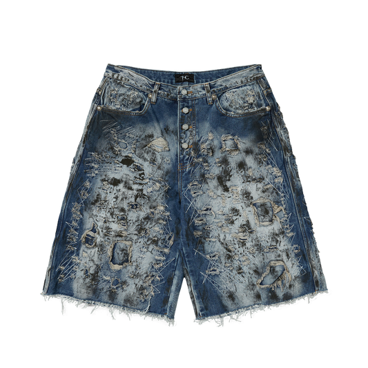 HARD WASHED DESTROYED DENIM SHORTS