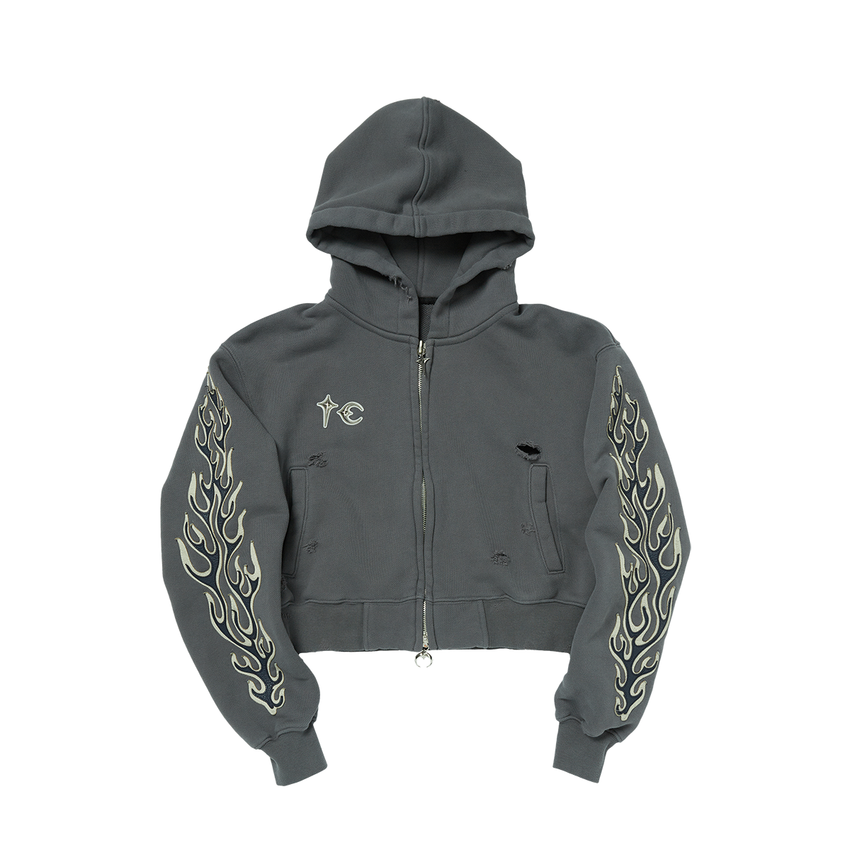 Leather Flame Cropped Hooded Zip-Up