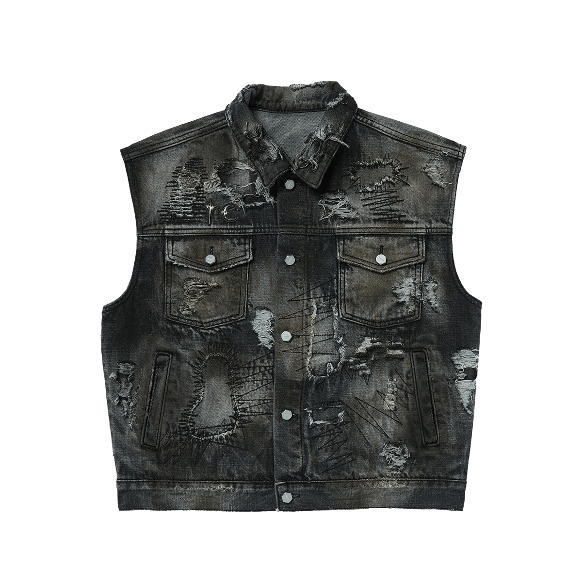 Hard-Washed Damaged Denim Vest