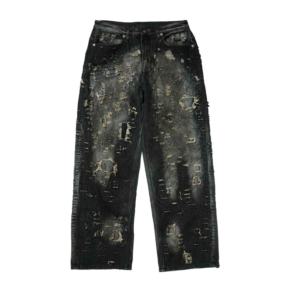 Hard-Washed Damaged Denim Pants