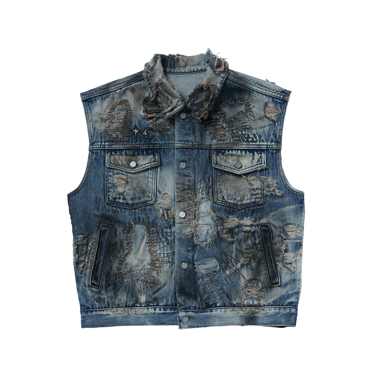 Hard-Washed Damaged Denim Vest
