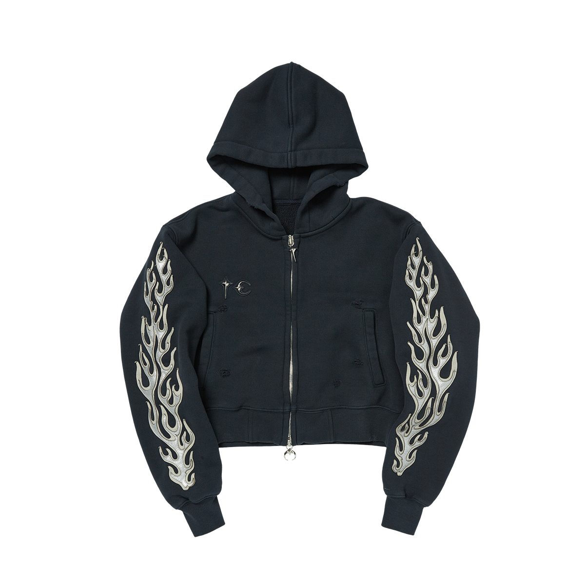 Leather Flame Cropped Hooded Zip-Up