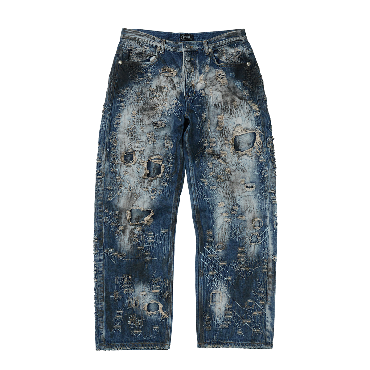 Hard-Washed Damaged Denim Pants