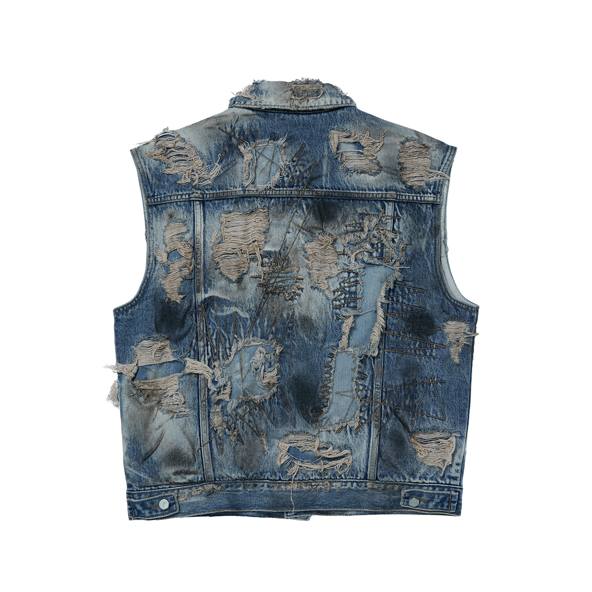 Hard-Washed Damaged Denim Vest