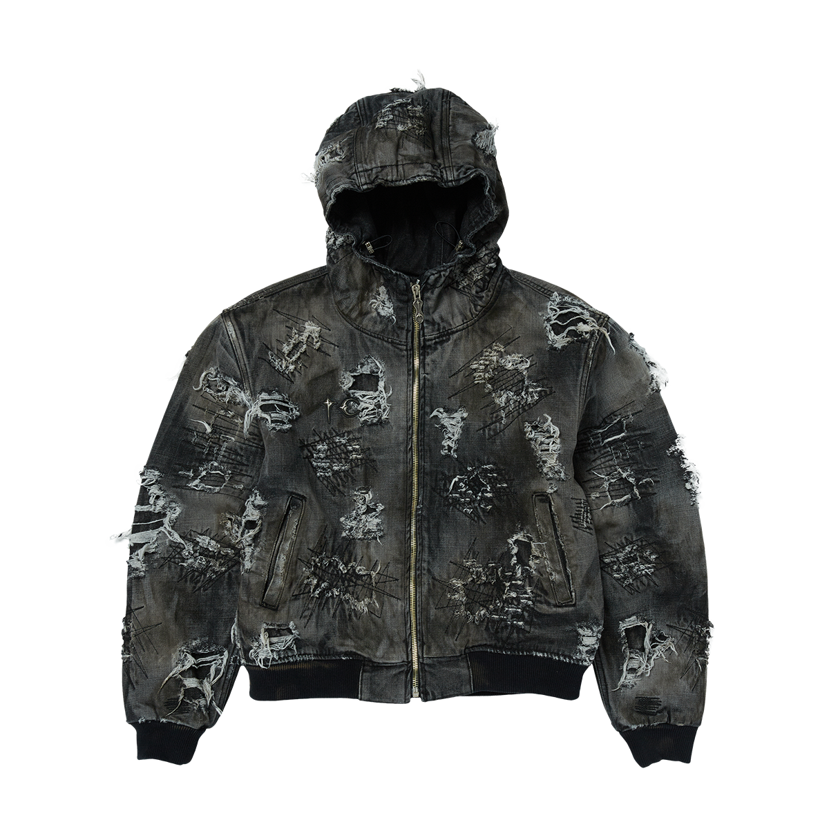 Hard-Washed Damaged Denim Hooded Zip-Up