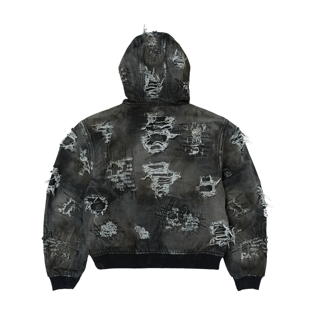 Hard-Washed Damaged Denim Hooded Zip-Up