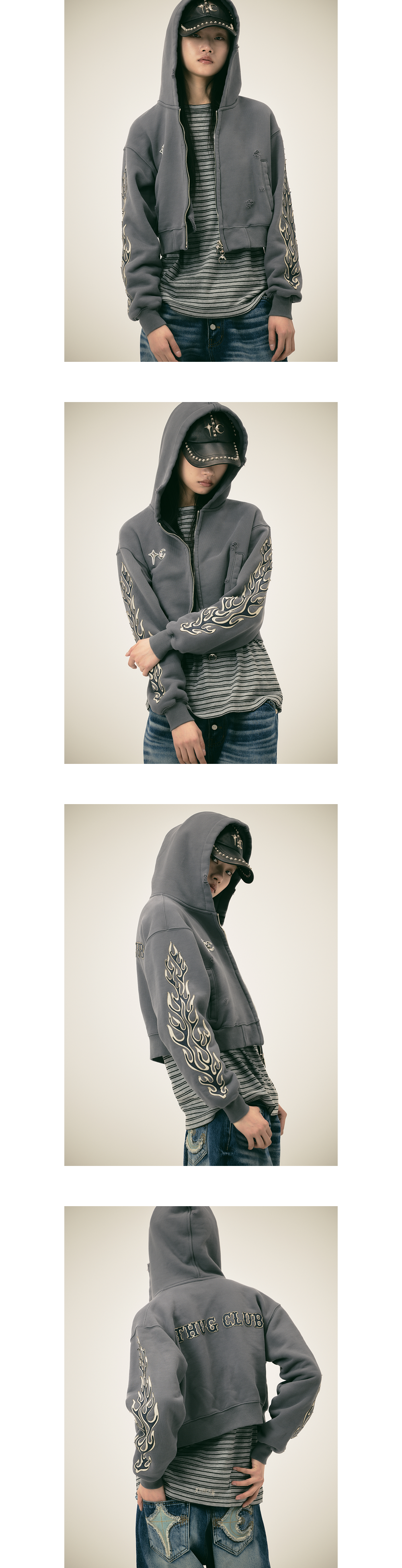 Leather Flame Cropped Hooded Zip-Up – thug club Leather Flame Cropped Hooded Zip-Up – thug club
