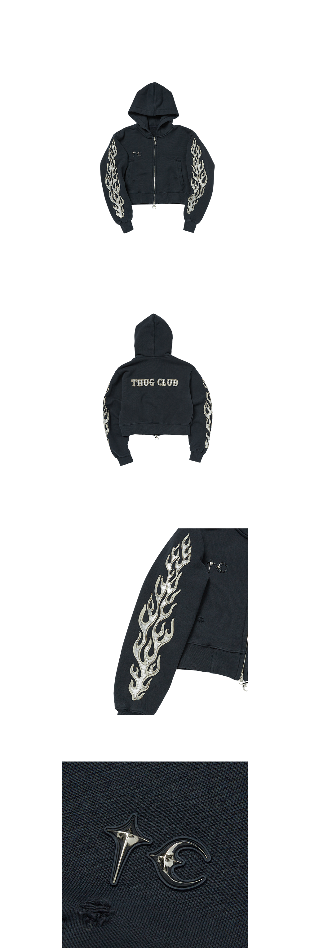 Leather Flame Cropped Hooded Zip-Up – thug club Leather Flame Cropped Hooded Zip-Up – thug club